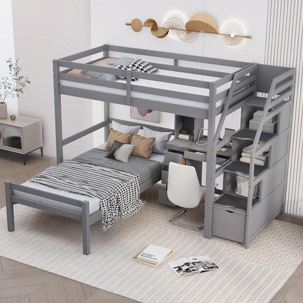 Harper & Bright Designs Gray Twin Size Loft Bed with a Stand-alone Bed, Storage Staircase, Desk, Shelves and Drawers