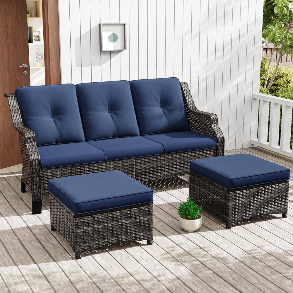 Wicker Outdoor Patio Sofa Sectional Set with Blue Cushions and Ottoman