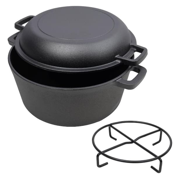 5 qt. 2 in 1 Pre-Seasoned Cast Iron Dutch Oven with Dual Handles, Outdoor Camping Deep Pot with 1-Piece Iron Pot Rack