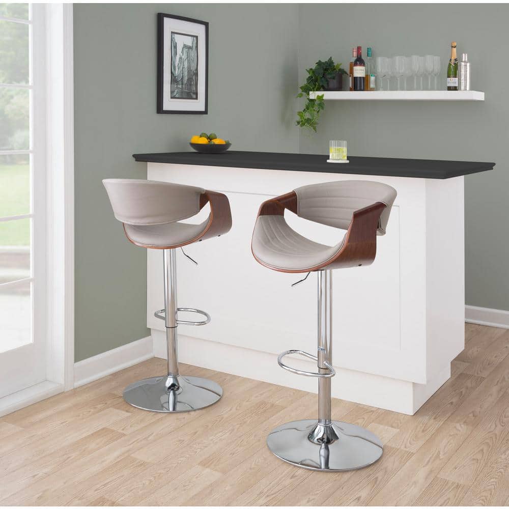 Pewter Gray Faux Leather Adjustable Swivel Barstool Set with Chrome and Walnut