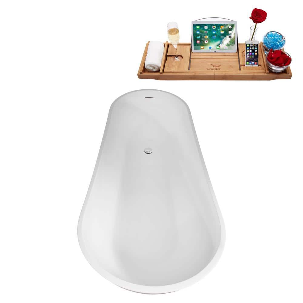 67" Glossy White Acrylic Freestanding Soaking Bathtub with Bamboo Tray