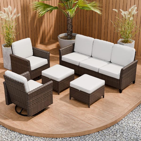 EAGLE PEAK 5-Piece Mix Brown Wicker Patio Conversation Set Wide Armrest 3-Seat Sofa Set, Beige Cushions, Swivel Chairs, Ottomans