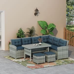 Outdoor 6-Piece Rattan Patio Conversation Sets Sofa with Dark Gray Cushions