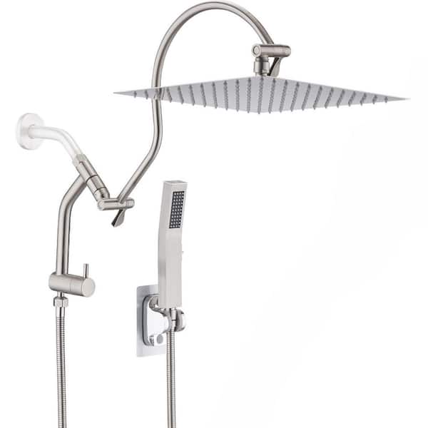 Pdpbath 1-Spray 12 in. Wall Mount Dual Shower Head Rain Shower Head with 16 in. Curved Extension Arm 2.5 GPM in Brushed Nickel