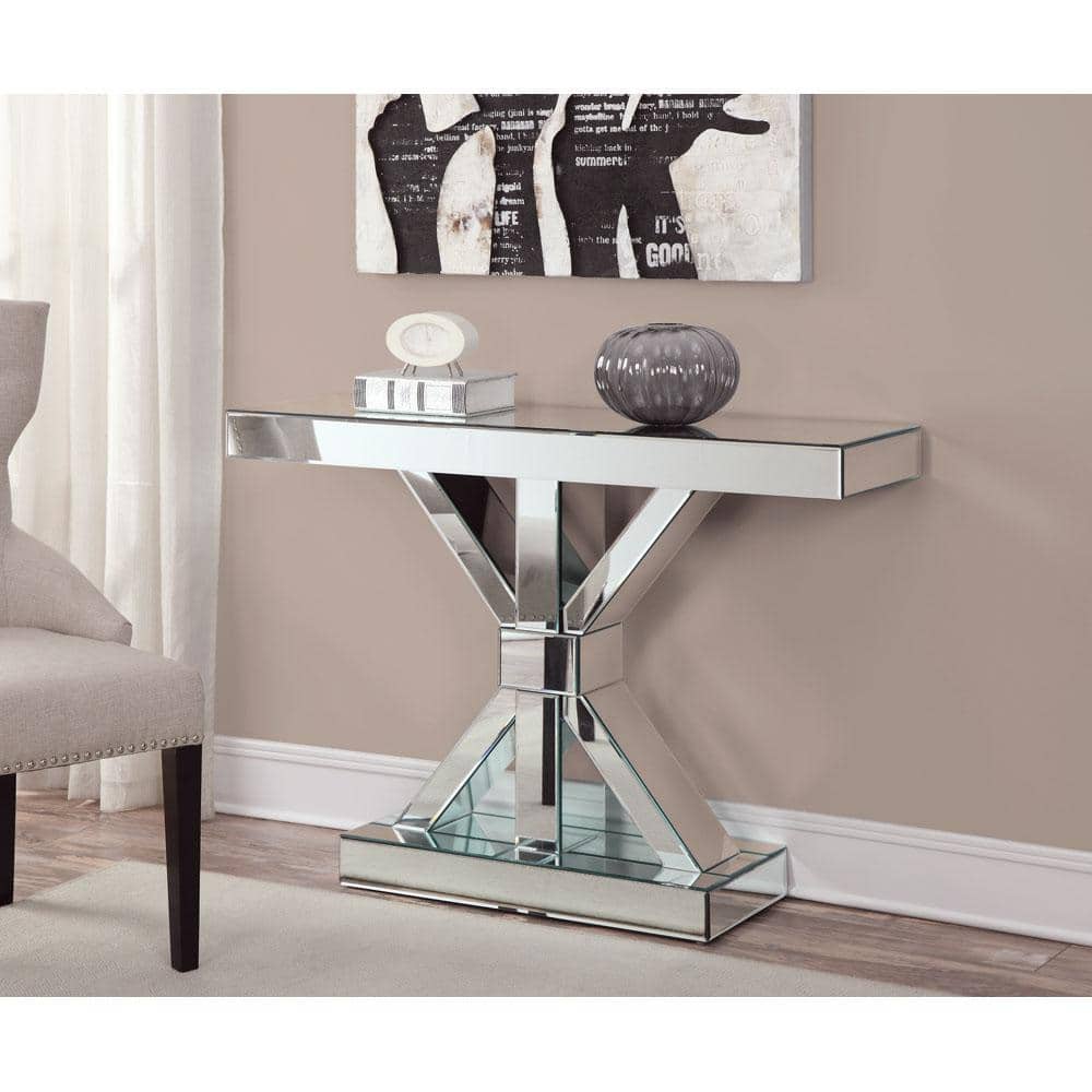 Mirrored Glass and Wood X-Base Console Table