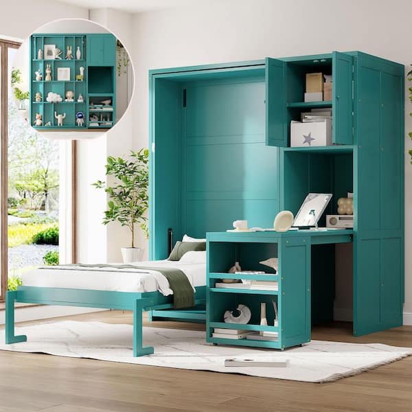 Teal/Blue Wood Frame Twin Size Murphy Bed with Bookshelf, Top Cabinet, Extendable Desk & Side Storage