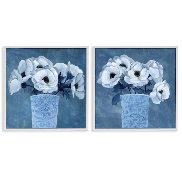Magnolia Bouquets on Blue by Janet Tava 2 Pieces White Framed Nature Giclee Art Print 17 in. x 17 in.