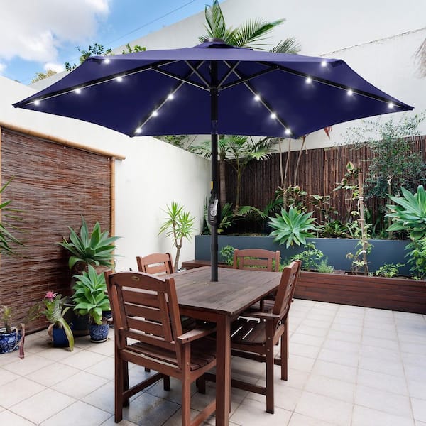 JOYESERY 7.5 ft. Solar LED Patio Umbrellas With Solar Lights and Tilt Button Market Umbrellas, Navy Blue