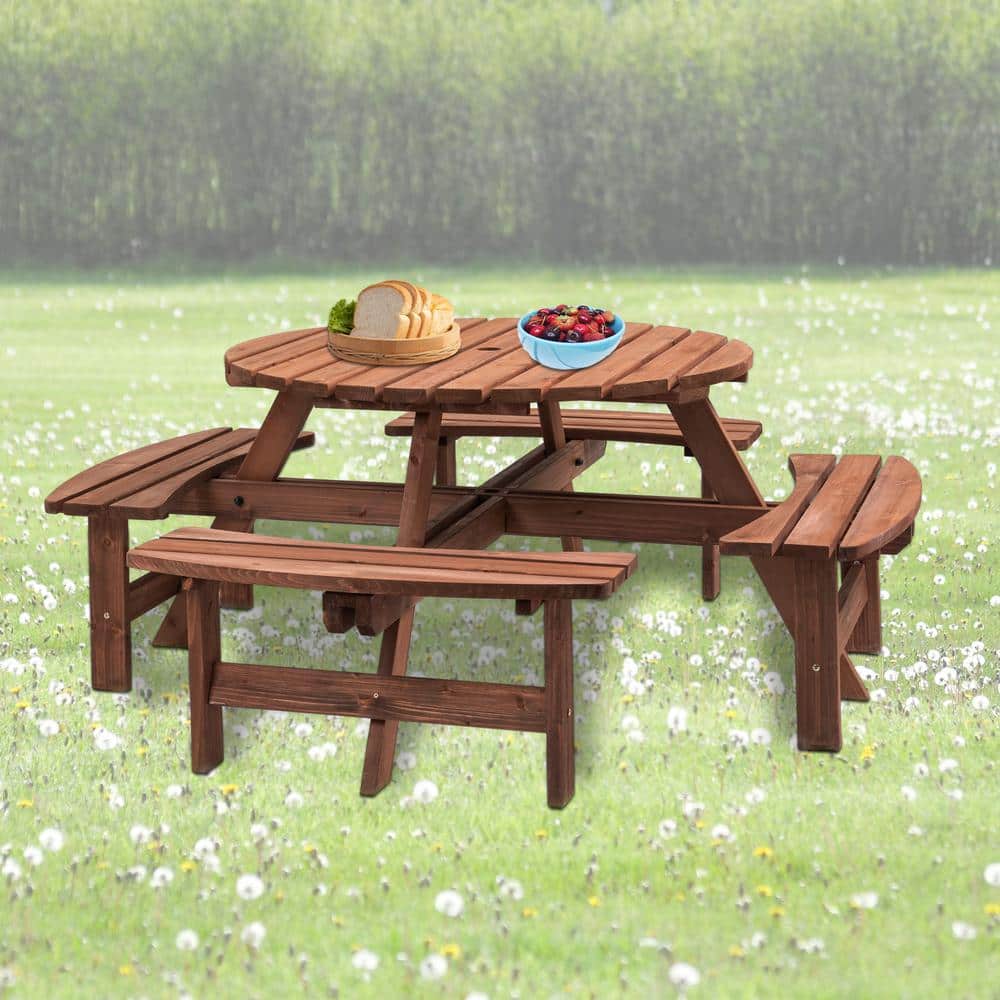 70 in. 8 Person Brown Wooden Picnic Table, Outdoor Camping Dining Table ...