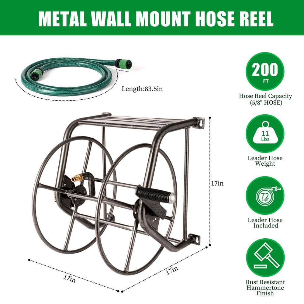 Hammertone Grey Steel Wall Mounted Hose Reel with 200ft Capacity