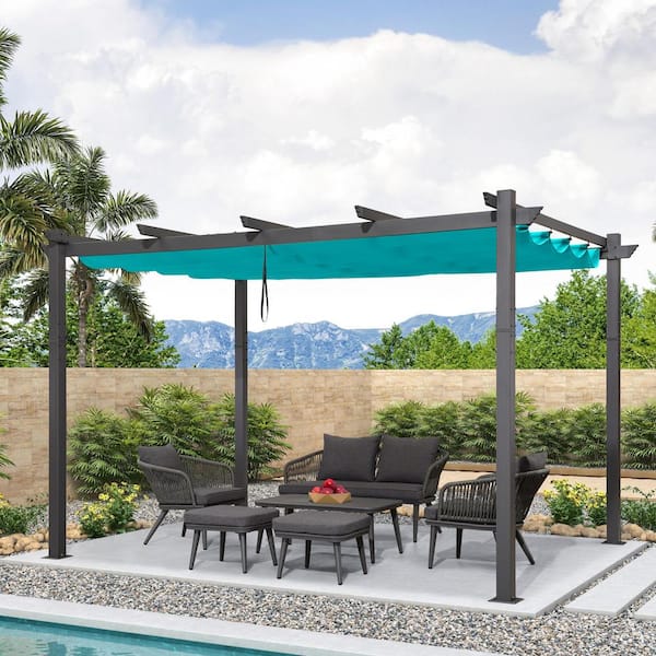 PURPLE LEAF 10 ft. x 13 ft. Gray Aluminum Frame Outdoor Patio Pergola Gazebo with Blue Retractable Sun Shade Canopy for Backyard