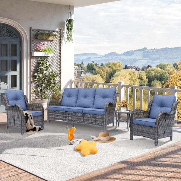 Gray 4-Piece Wicker Patio Conversation Set Outdoor 3-Seat Sofa Armrest Chairs with Denim Blue Cushions and Side Table