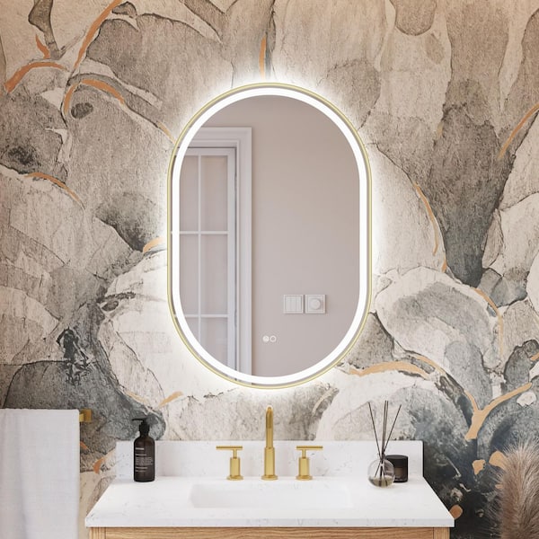 24 in. W x 36 in. H Oval Framed LED Dimmable Anti-Fog Wall Bathroom Vanity Mirror in Brushed Gold, IP54