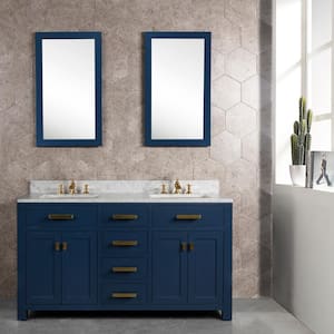 Madison 60 in. W Bath Vanity in Monarch Blue with Marble Vanity Top in Carrara White with White Basin(s) and Mirror