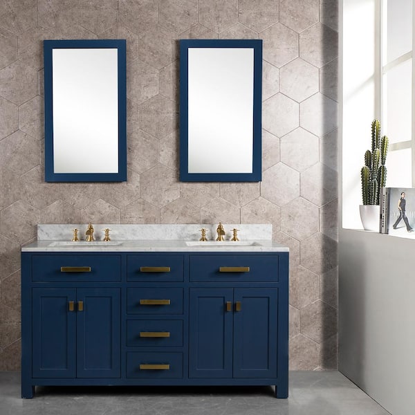 Madison 60 in.W x 21.5 in.D x 34 in.H Double Sink Bath Vanity in Monarch Blue with Carrara White Marble Top and Mirrors