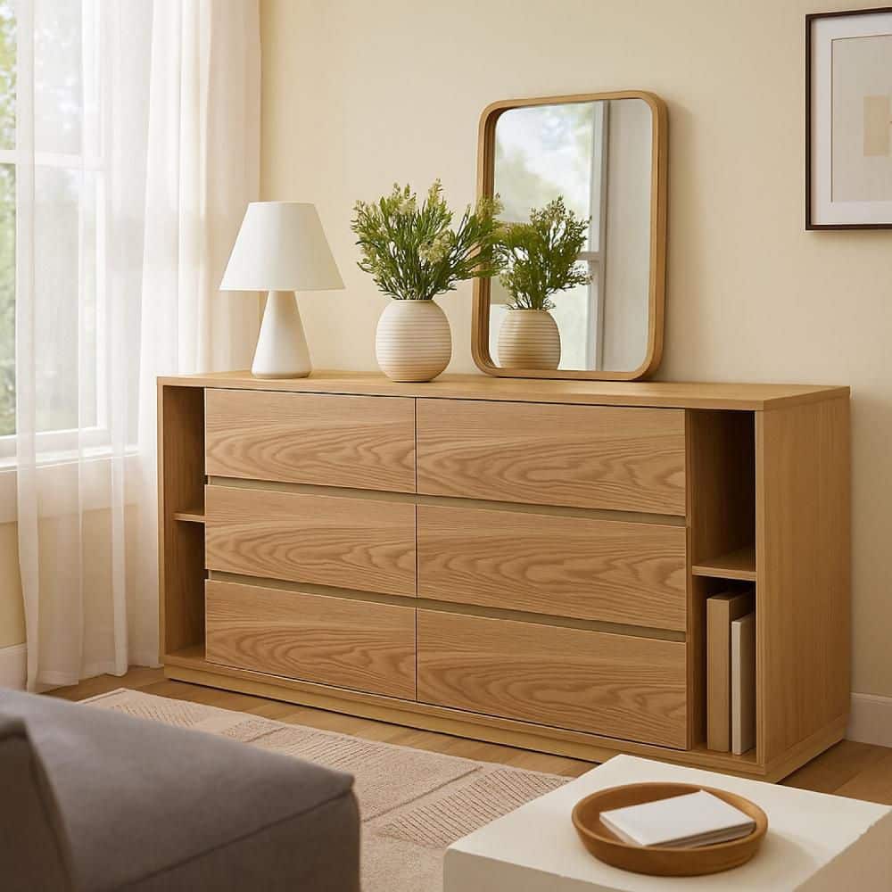 6ft long dresser wood T4TREAM 54" Wide Farmhouse 6-Drawer for Bedroom, Reclaimed Barnwood the graceful designing is complemented with a great visual flexibility that allows this solid wood tall dresser to be paired up with a number of interior design styles including contemporary Avalon Tall 6-Drawer Dresser