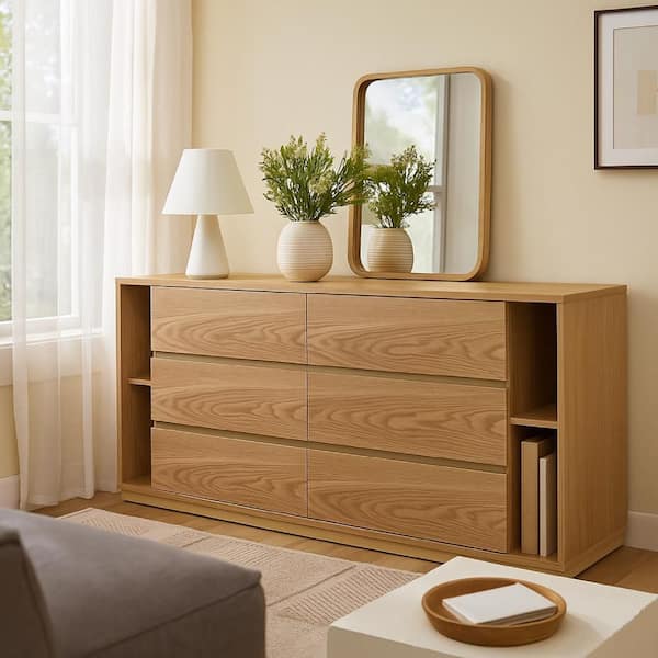 Noe Ruby Natural Oak Brown 6 drawer 63 in. Dresser without Mirror