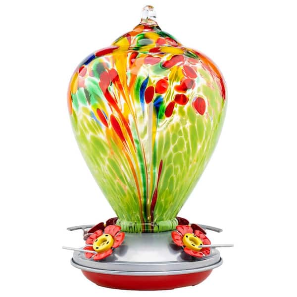 Unbranded Handmade Green Fireworks Glass Hanging Humming Bird Nectar Feeder-34 oz. with Ant Moat (1-Pack)
