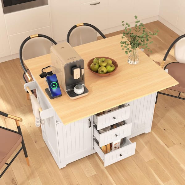 White Wood Top 55.8 in. Kitchen Island with 2 Drop Leaf and Adjustable Shelves