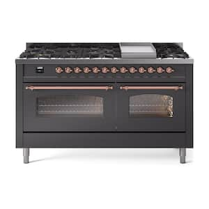 Nostalgie II 60 in. 9 Burner+Griddle Freestanding Double Oven Dual Fuel Range in Matte Graphite with Copper