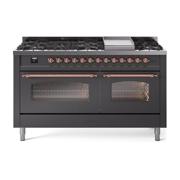 ILVE Nostalgie II 60 in. 9 Burner+Griddle Freestanding Double Oven Dual Fuel Range in Matte Graphite with Copper