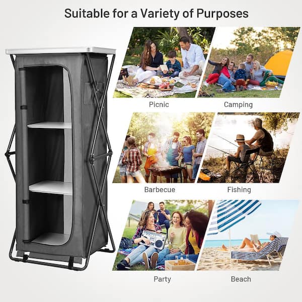 HONEY JOY Grey Portable Outdoor Camping Storage Cabinet Folding Organizer  Kitchen Table W/3-Shelves and Carry Bag For BBQ 35 in. H TOPB005638 - The  Home Depot