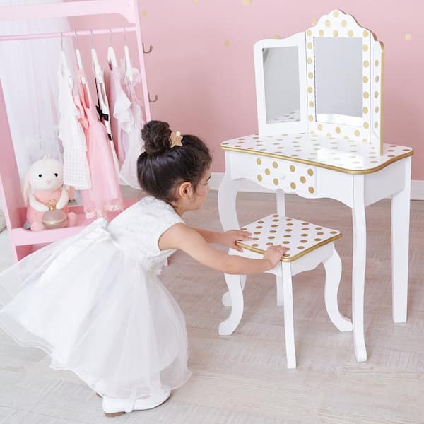 The Fields Prints TD-11670ML Fantasy Vanity in with Set Fashion Teamson Gisele White/Gold Depot Polka Dot Kids Light Home LED Play Mirror -