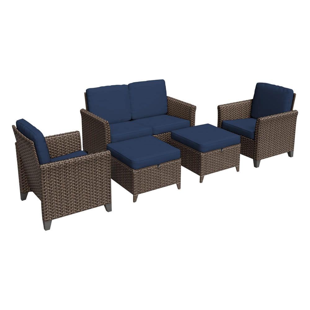 5-Piece Wicker Outdoor Patio Conversion Set with Blue Cushions and Ottomans price history on PriceWatchPro