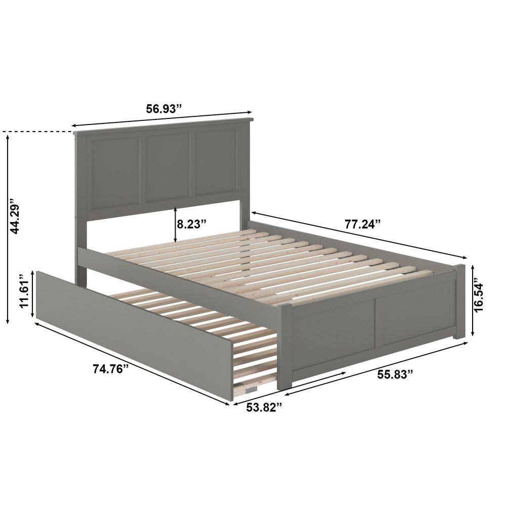 Grey Full Platform Bed with Wood Headboard and Trundle