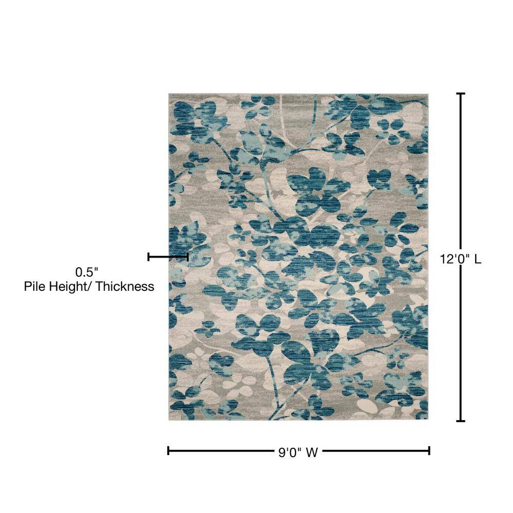 Elegant Gray Floral 9' x 12' Synthetic Easy-Care Area Rug