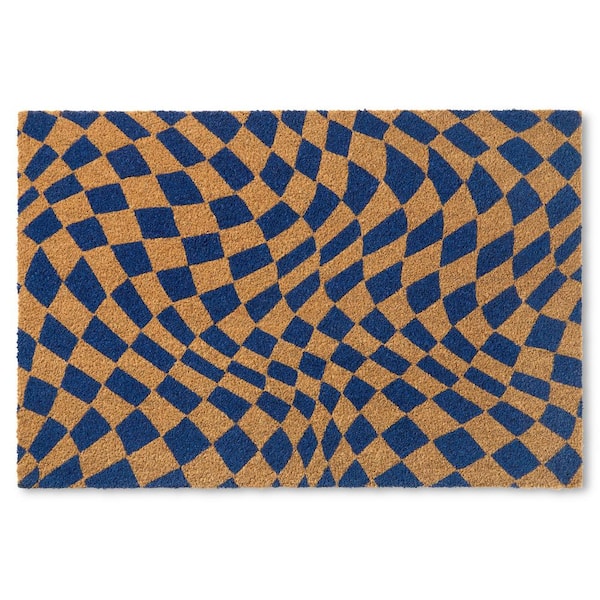 TOWN & COUNTRY LIVING Checkerboard Emmett Blue 18 in. x 30 in. Coir Groovy Outdoor Mat