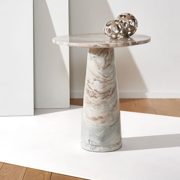 Valentia 20.5 in. White/Brown Round Marble End Table