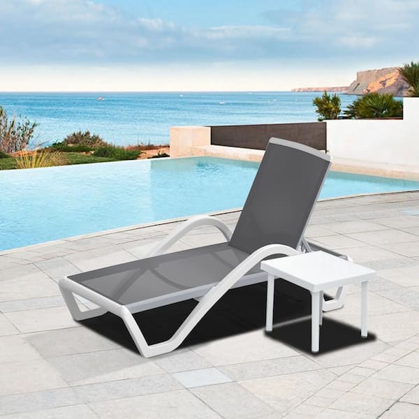 Kahomvis White Metal Outdoor Chaise Lounge with Table, Aluminum Framed Patio Fabric Chair with Adjustable Backrest in Grey