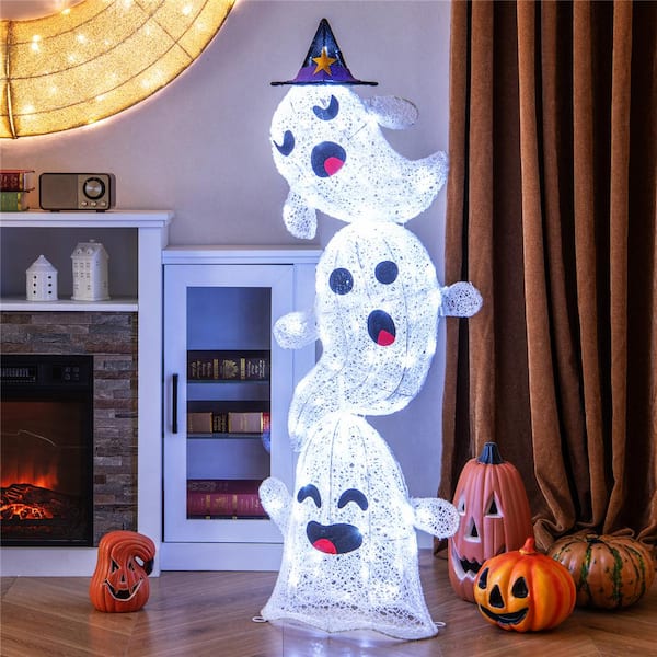 48 in. Lighted Plug in Stacked Ghosts Standing Halloween Decoration with 120 LED Lights and 4 Metal Ground Stakes