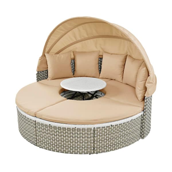 Round Wicker Outdoor Day Bed Separate Seating with Retractable Canopy and Light Coffee Removable Cushions