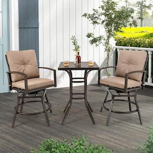 3-Piece Metal Outdoor Bistro Set Swivel Bar Height Table Stools Patio Furniture with Beige Cushions