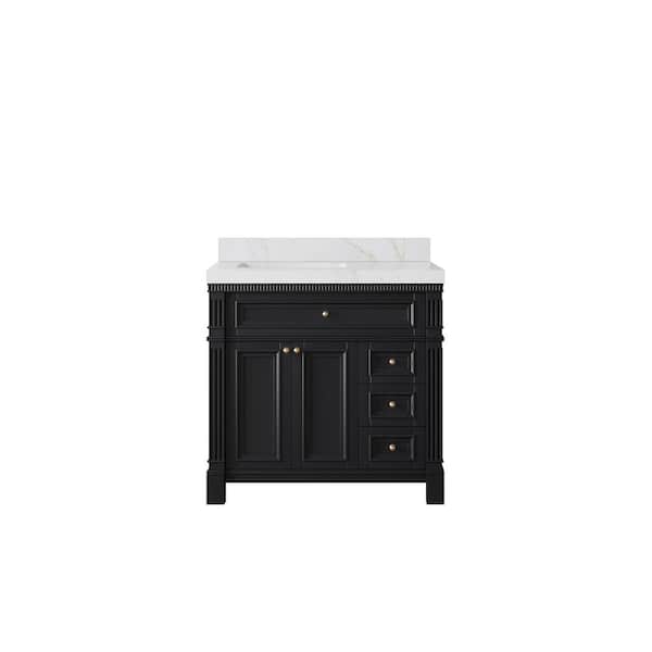 Willow Collections Paris 36 in. W x 22 in. D x 36 in. H Left Offset Sink Bath Vanity in Black with 2 in. Calacatta Sienna qt. Top