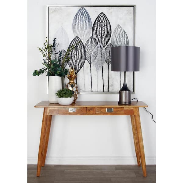 Litton Lane 45 in. Brown Large Rectangle Wood 2 Drawers Console Table with Silver Pull Handles