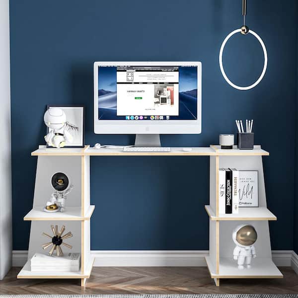 Ecofriendly Flora 61.5 in. Rectangular White and Light Walnut Wood Desk with Shelves