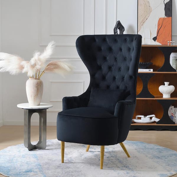 KINWELL Black Velvet Wingback Chair with Tufted Cushions Set of 1 BSC092BK The Home Depot