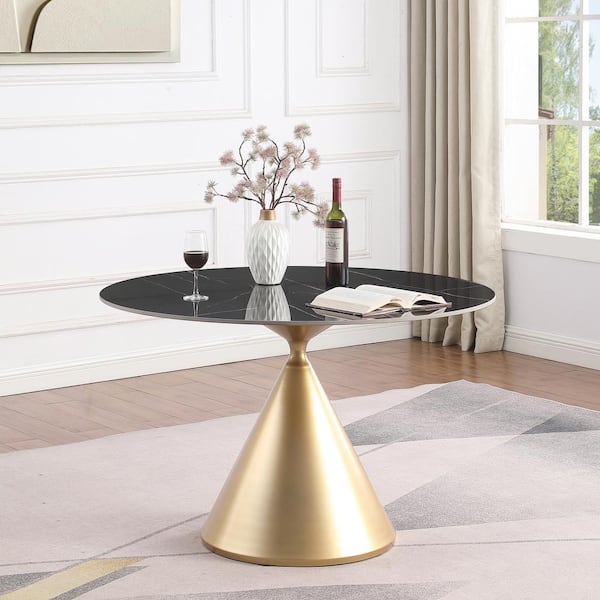 Morden Fort Decent 47 in. Black Round MDF Wood Top Coffee Table with Metal Base for Dining Room
