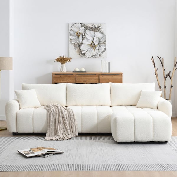 110 in. Wide Rolled Arm Boucle Fabric L Shape Modular Sectional Sofa in Cream with Movable Ottoman, Metal Wood Frame