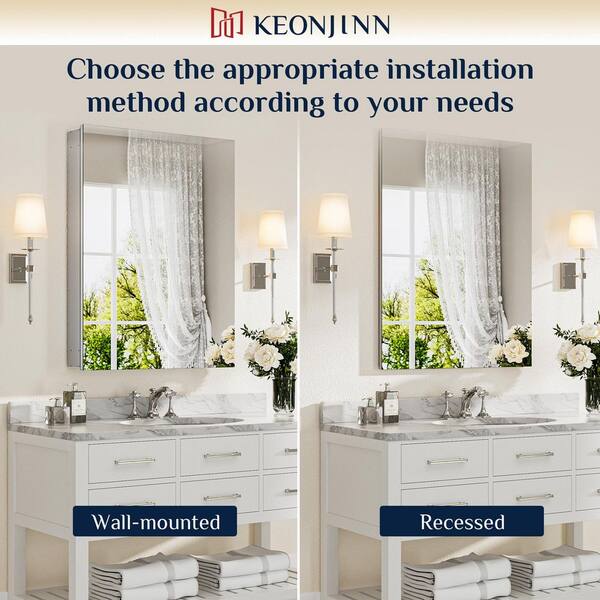 KeonJinn 14 in. W x 18 in. H Rectangular Frameless Aluminum Silver Medicine Cabinet with Mirror