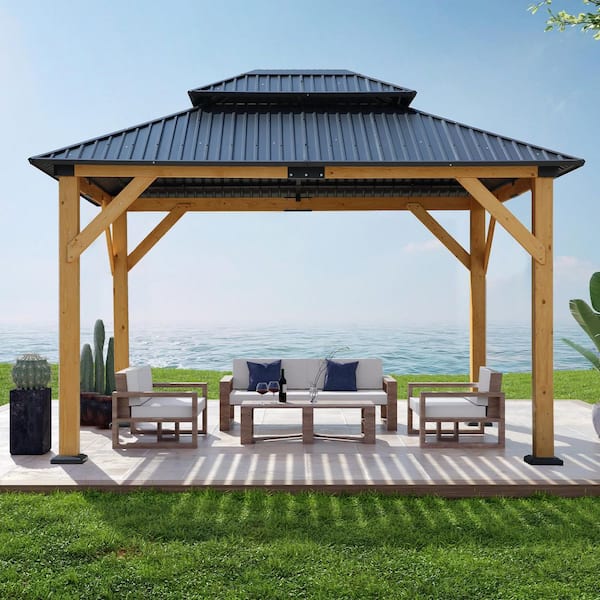 12 ft. W x 10 ft. L Outdoor Fir Gazebo, Wood Coated Steel Frame Canopy with Patio Net, Light Brown