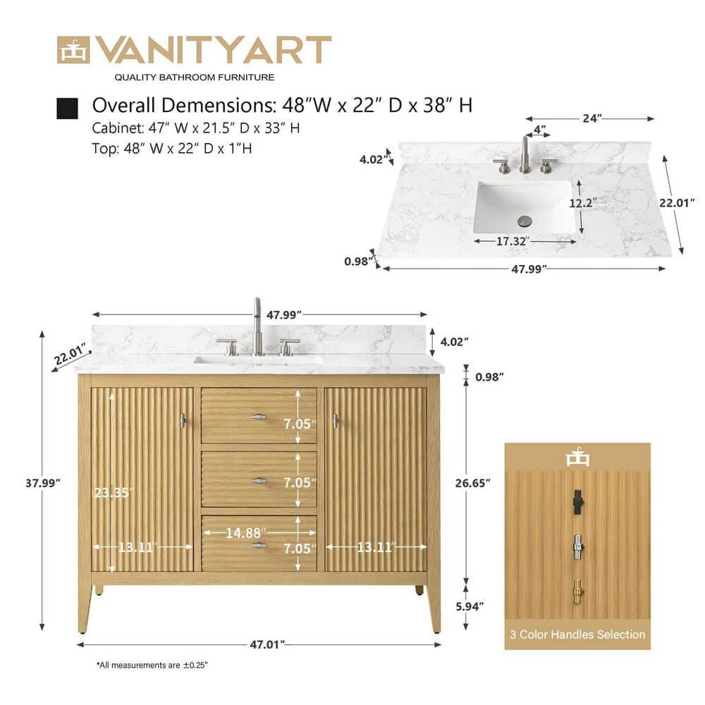 48'' Natural Oak Single Bathroom Vanity with Matte Black Handles