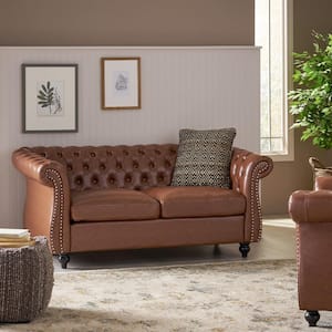 Silverdale 61.75 in. Cognac Brown Solid Faux Leather 2-Seat Loveseats with Nailhead