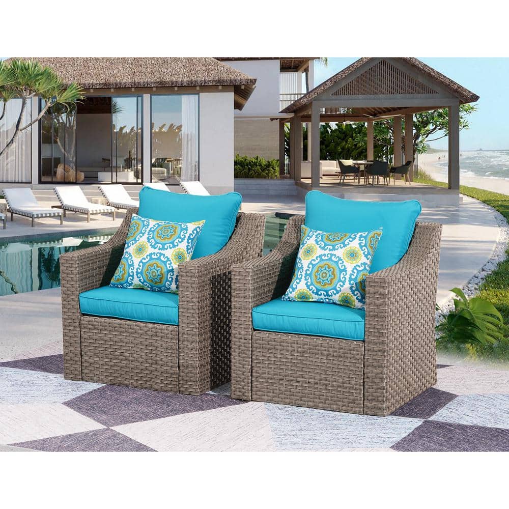 2-Pieces Brown PE Rattan Wicker Outdoor Patio Single Couch Chairs with Blue