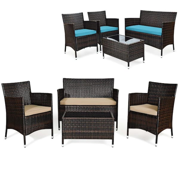 Costway 4-Piece Wicker Patio Conversation Furniture Set Sofa Chair with Brown and Turquoise Cushions Garden