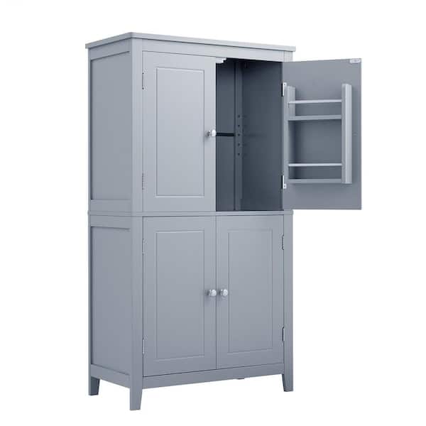 RiverRidge Home Modern 23.6 in. W x 11.8 in. D x 43.3 in. H Grey Tall Bathroom Linen Cabinet with 4 Doors, Open Shelves
