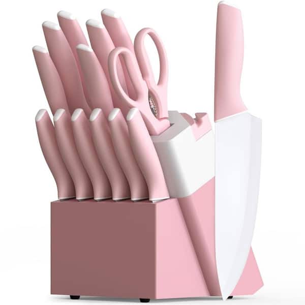 15-Piece German Stainless Steel Ceramic Coating Kitchen Knives Set with Block, Sharpener and Ergonomic Handle, Pink